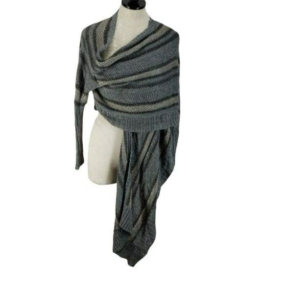 Decree Large Gray Tan Work striped kimono sweater‎ wrap front cardigan - Picture 2 of 6